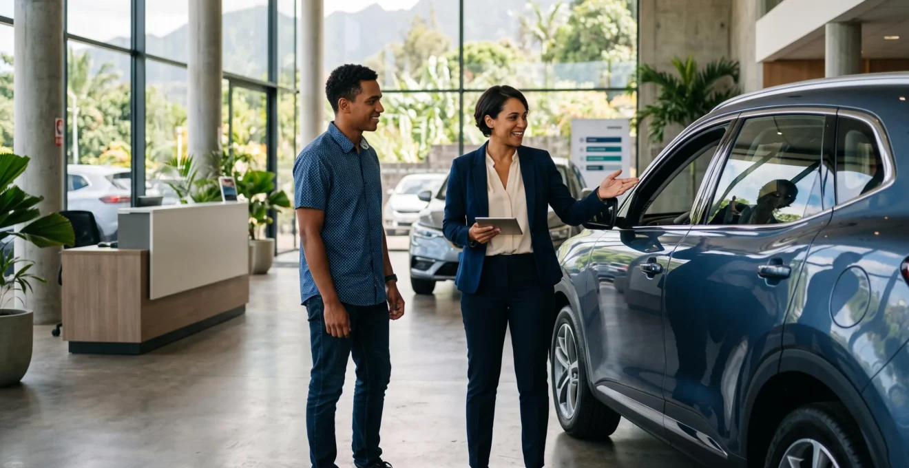 Un conseiller en concession automobile présente un véhicule neuf à un client dans un showroom moderne bien éclairé