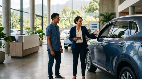Un conseiller en concession automobile présente un véhicule neuf à un client dans un showroom moderne bien éclairé