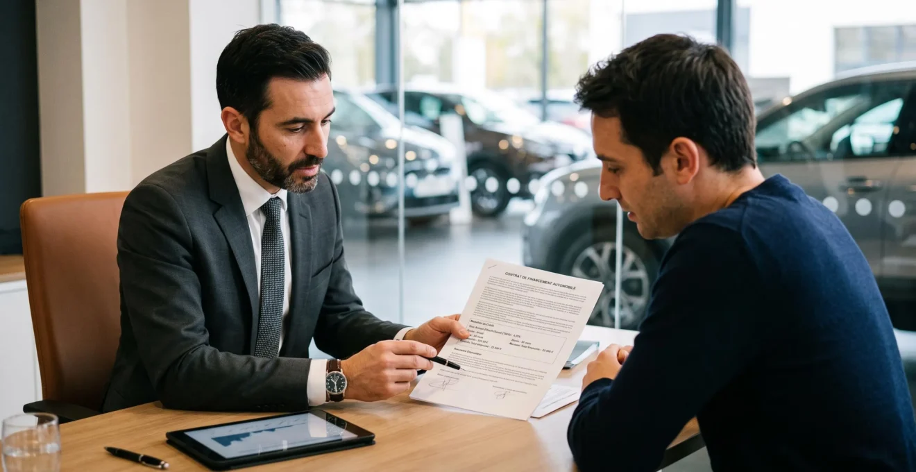 Un conseiller financier explique les options de crédit automobile à un client dans le bureau d'une concession, documents et tablette sur la table