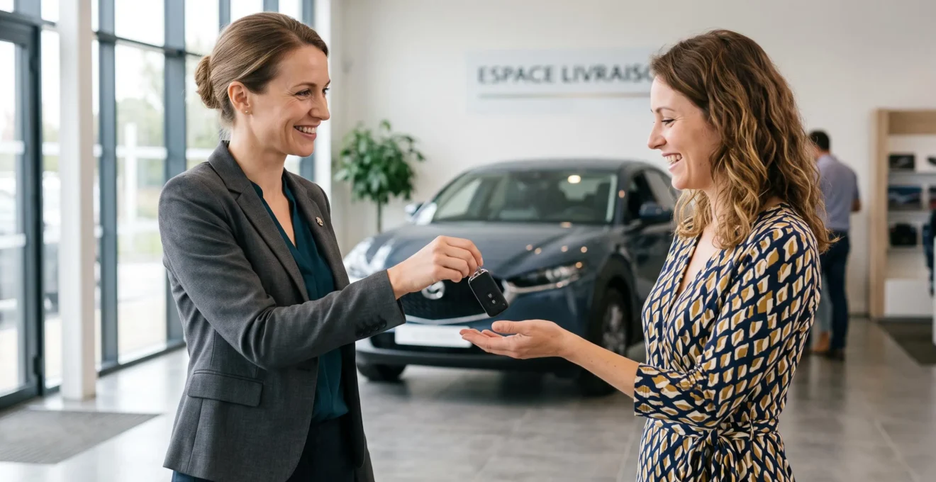 Un conseiller de concession automobile remet les clés d'un véhicule neuf à un client satisfait dans l'espace de livraison